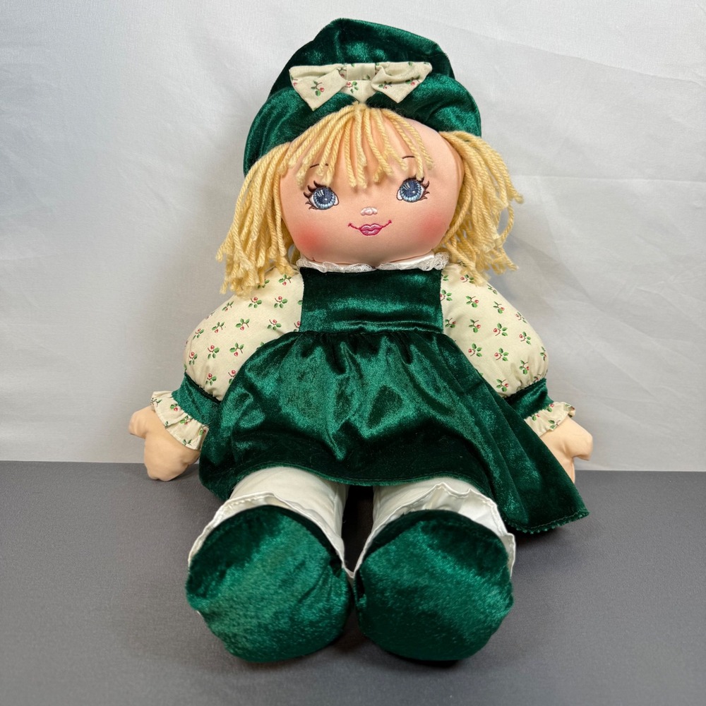 Sweetie Mine‎ 1995 Plush Rag Doll Green Velvet Outfit Blonde Yarn Hair Blue Eyes
